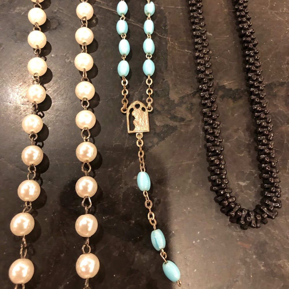 3 Vintage Pearl, Beaded and Religious Necklaces (Rosary?)